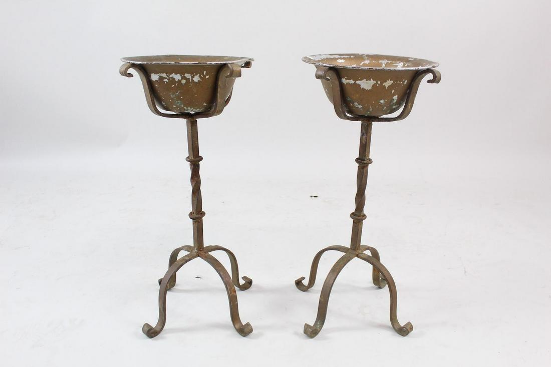 2 Gold Painted Wrought Iron Plant Stands w/Metal Bowls (1 of 8)