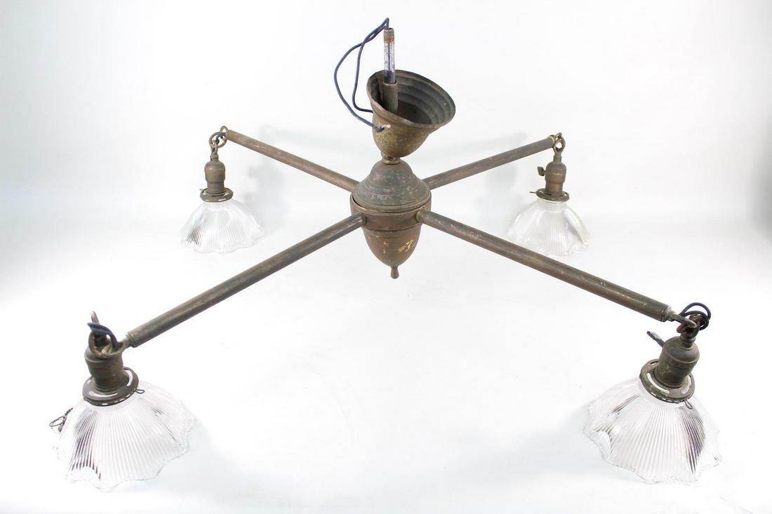 Antique Victorian Brass Chandelier w Holophane Shades (1 of 14)