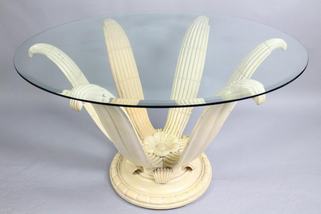 Glass Top Flower Petal Carved Wood Side Console Table (1 of 8)