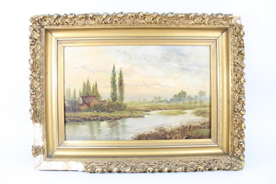 Gilt Framed River Landscape Painting, Men w/Boat,Milton (1 of 16)