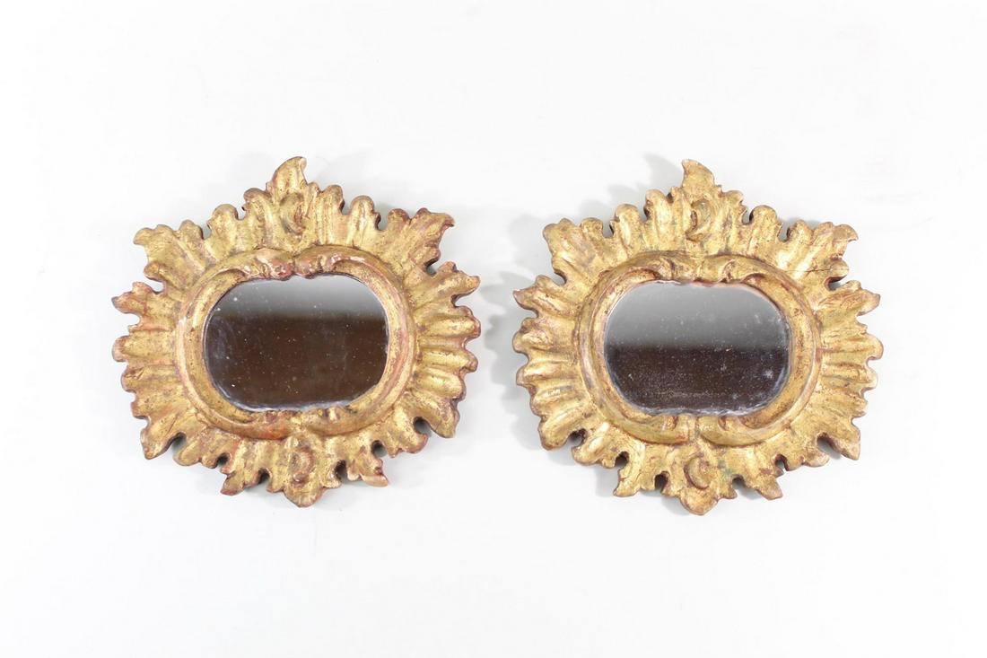 Pair Small Hollywood Regency Gold Wood Sun Wall Mirrors (1 of 8)