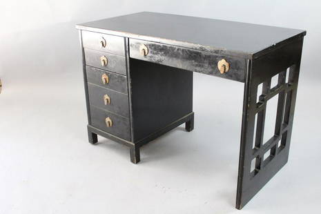 Landstrom Black Lacquer Wooden Geometric Art Deco Desk: Landstrom Black Lacquer Wooden Geometric Art Deco Desk. This black lacquered wooden desk from the Landstrom Furniture Company features a beautiful geometrical design. Handsome aged nickel over copper