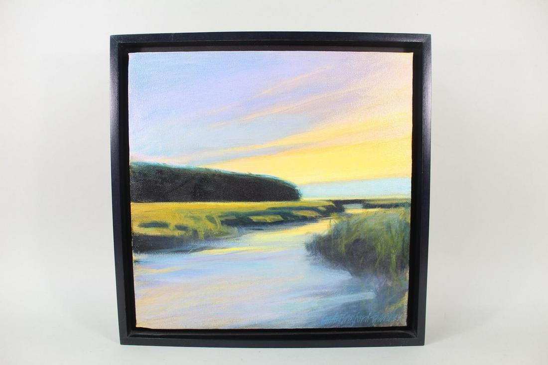 Oil Painting Sunrise Serenity by Cindia Sanford-Garte: Oil Painting Sunrise Serenity by Cindia Sanford-Garte. This oil painting is signed by the Post-War artist Cindia Sanford-Garte (American, b. 1952) who studied at the Rhode Island School of Design, and