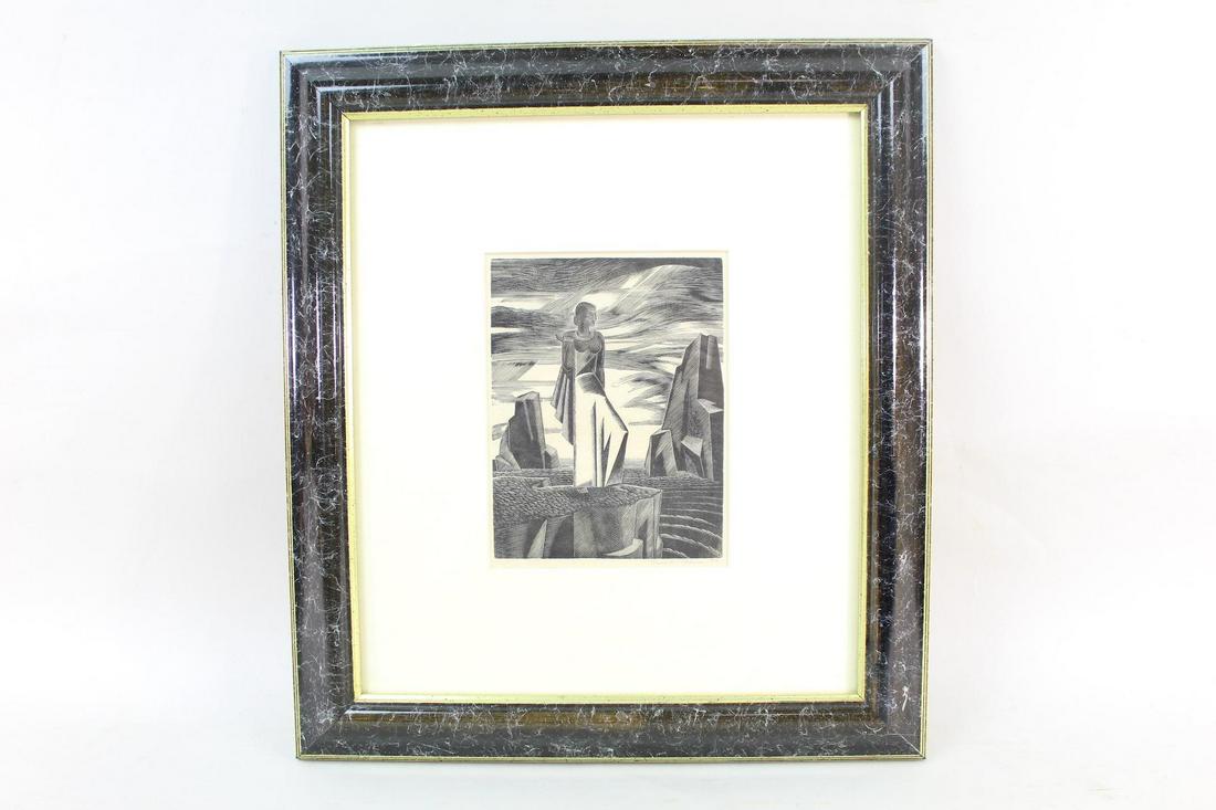 Modern Wood Engraving Woman in Seascape, J Ticknor 1933 (1 of 9)