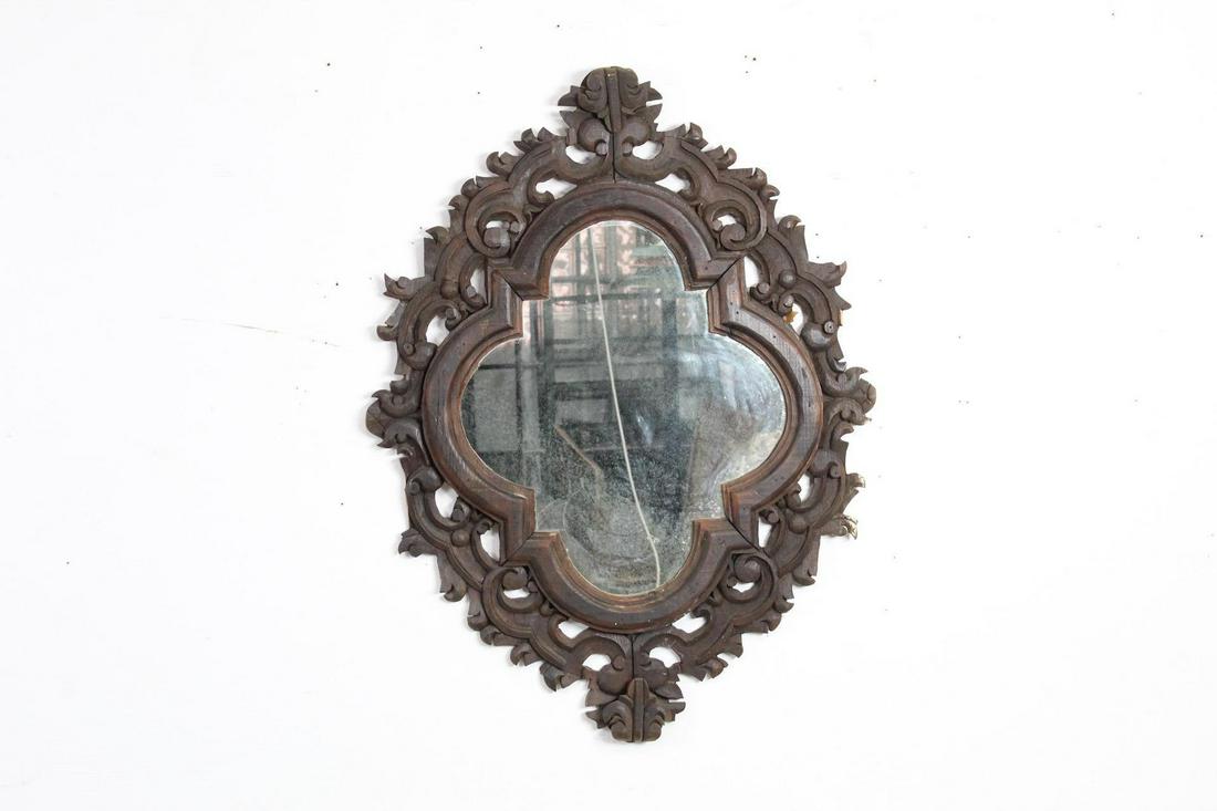 Large Antique Gothic Quatrefoil Carved Wood Wall Mirror (1 of 10)