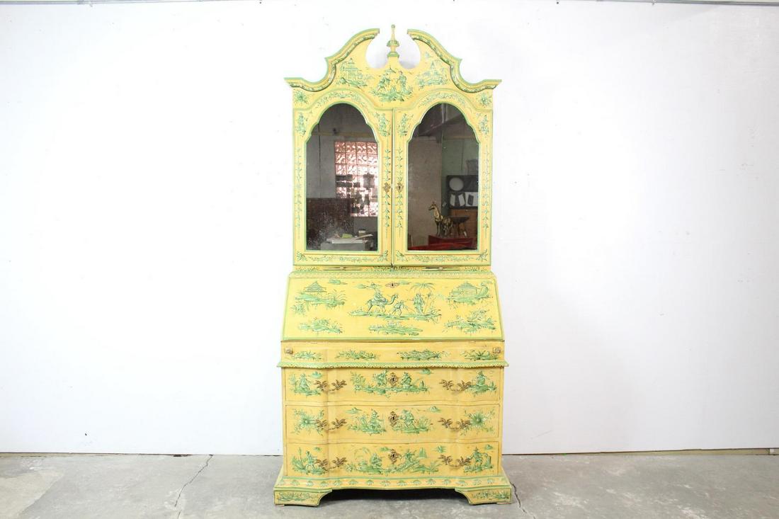 Chinoiserie Painted Secretary Desk Ponziani Italy: Chinoiserie Painted Secretary Desk Ponziani Firenze. Painted brilliant lemon yellow, beautiful and substantial wooden piece of furniture has intricate details including pastoral scenes, figures, flora