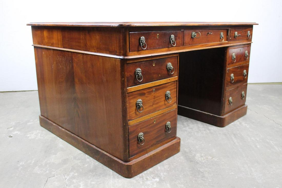 19th C English Wood Partners Desk w/Leather & Glass Top (1 of 18)