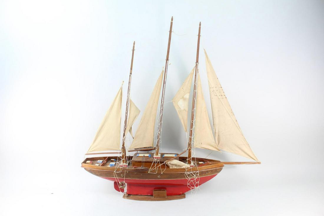 Red Painted Wooden 3 Masted Sailboat Model w/Stand (1 of 16)