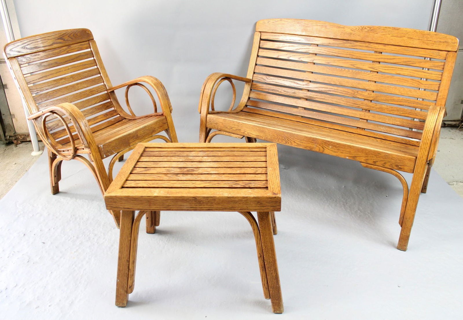 Oak Outdoor Patio Set w Bentwood Bench, Chair, Table (1 of 18)