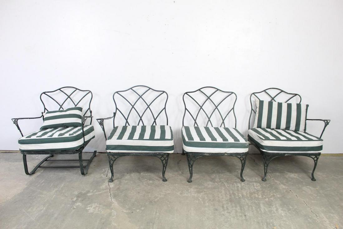 4 Green Wrought Iron Outdoor Patio Garden Chairs Couch: 4 Green Wrought Iron Outdoor Patio Garden Chairs Couch. This is a set of four lovely patio chairs. Interestingly enough, one chair has two armrests, while the others only have one or none, which allow