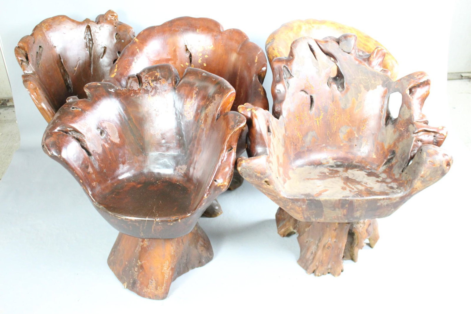 5 Freeform Carved Wooden Tree Stump Root Swivel Chairs (1 of 12)