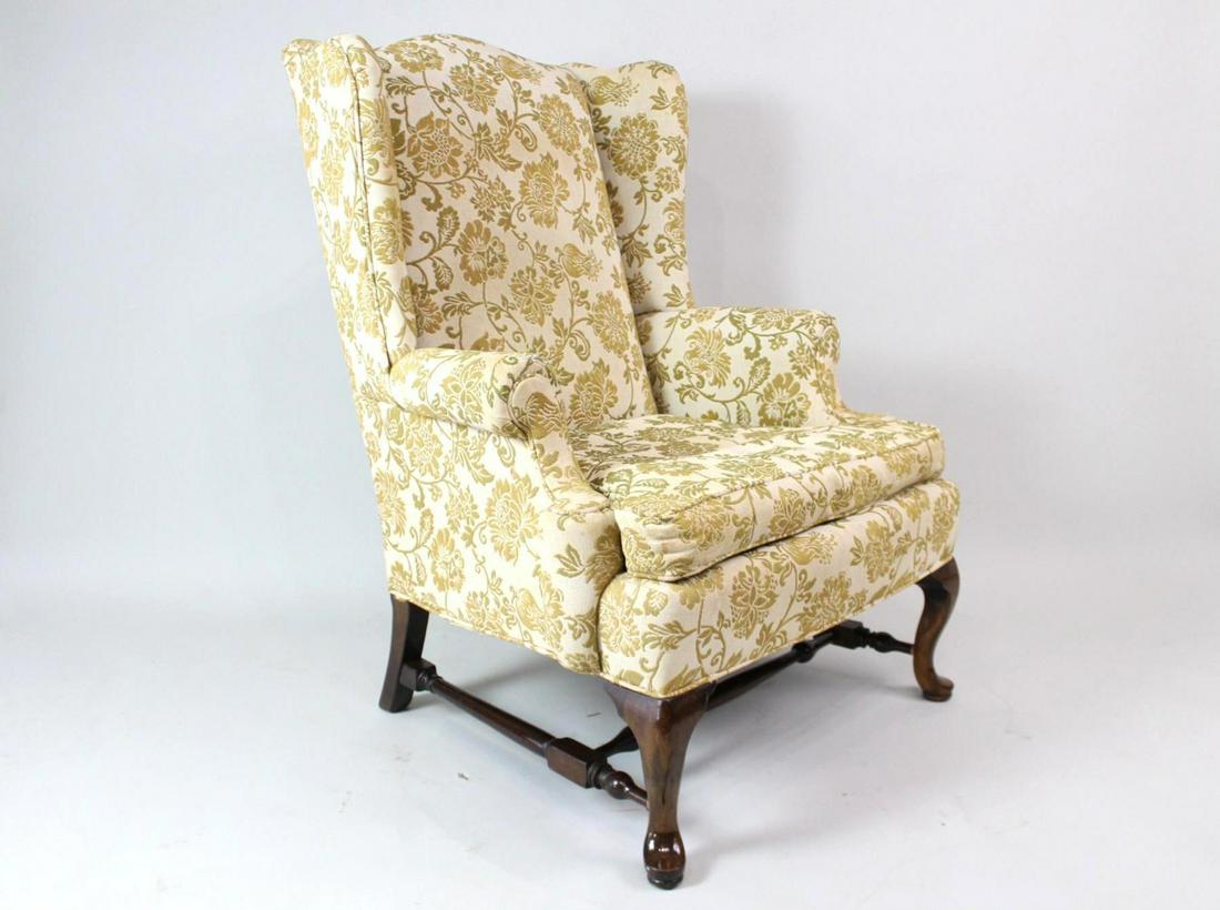 Ethan Allen Wingback Green Floral Upholstered Armchair (1 of 9)