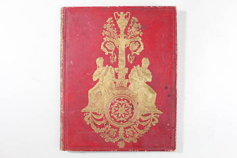 19th C. Gilt Autograph Album w/ Floral Watercolors: Antique Red & Gilt Unused Album w/Floral Illustrations. Beautiful hardback book has red binding ornately embellished with detailed gilt flowers, people, lettering and details on the cover. Inside are