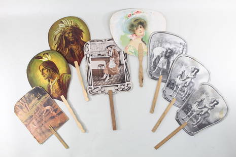 8 Advertising Paper Paddle Fans,Native American Indians: Lot of 8 Vintage Handheld Paper Cardboard Paddles Fans. This is a fun set of antique cardboard paddle fans. There is, 1 of a woman at a ice cream parlor, 3 that have a woman with a horse, 1 portrait