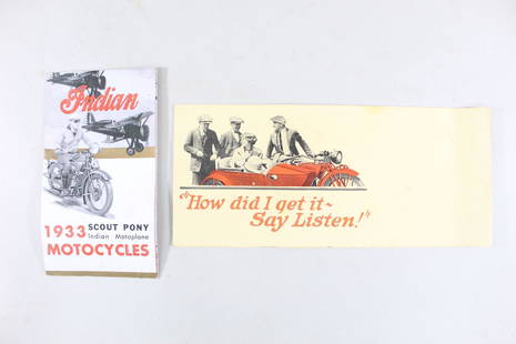 30's Indian Motorcycle Advertising Pamphlets, Scout: Pair of Vintage Indian Motorcycle Advertising Pamphlets. This is a handsome pair of Indian motorcycle pamphlets from the 1930s. The smaller pamphlet is all about the "Indian Motoplane," and the