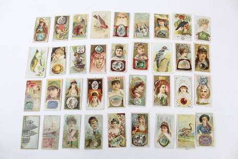 36 Cigarette Tobacco Cards w/ Women,Gems,Birds,Boats: 36 varying cigarette cards, drawn featuring stylized portraiture, birds, gems, boats & buildings. These cards are visually all unique and would be a great addition to any collection. Dimensions are