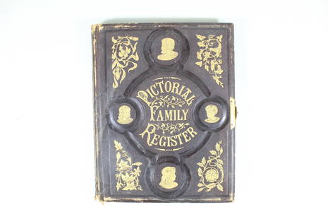 1871 Leather "Pictorial Family Register" by A.H.Platt: 1871 Leather Pictorial Family Register,A.H.Platt,Latch. This is a handsome leather-bound book with a gold painted cover and a metal latch. It is unused and offers the purchaser of the book to input