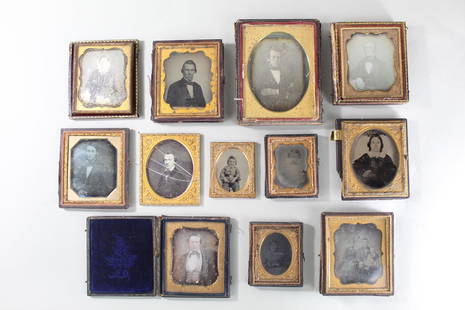 12 Daguerrotype & Ambrotype Photos, 19th Century: 12 Antique Daguerrotypes Photos Leather Cases, 19th Century. This is a lot of twelve antique daguerrotypes. There are various portraits of men, women, children, and families within highly ornate,