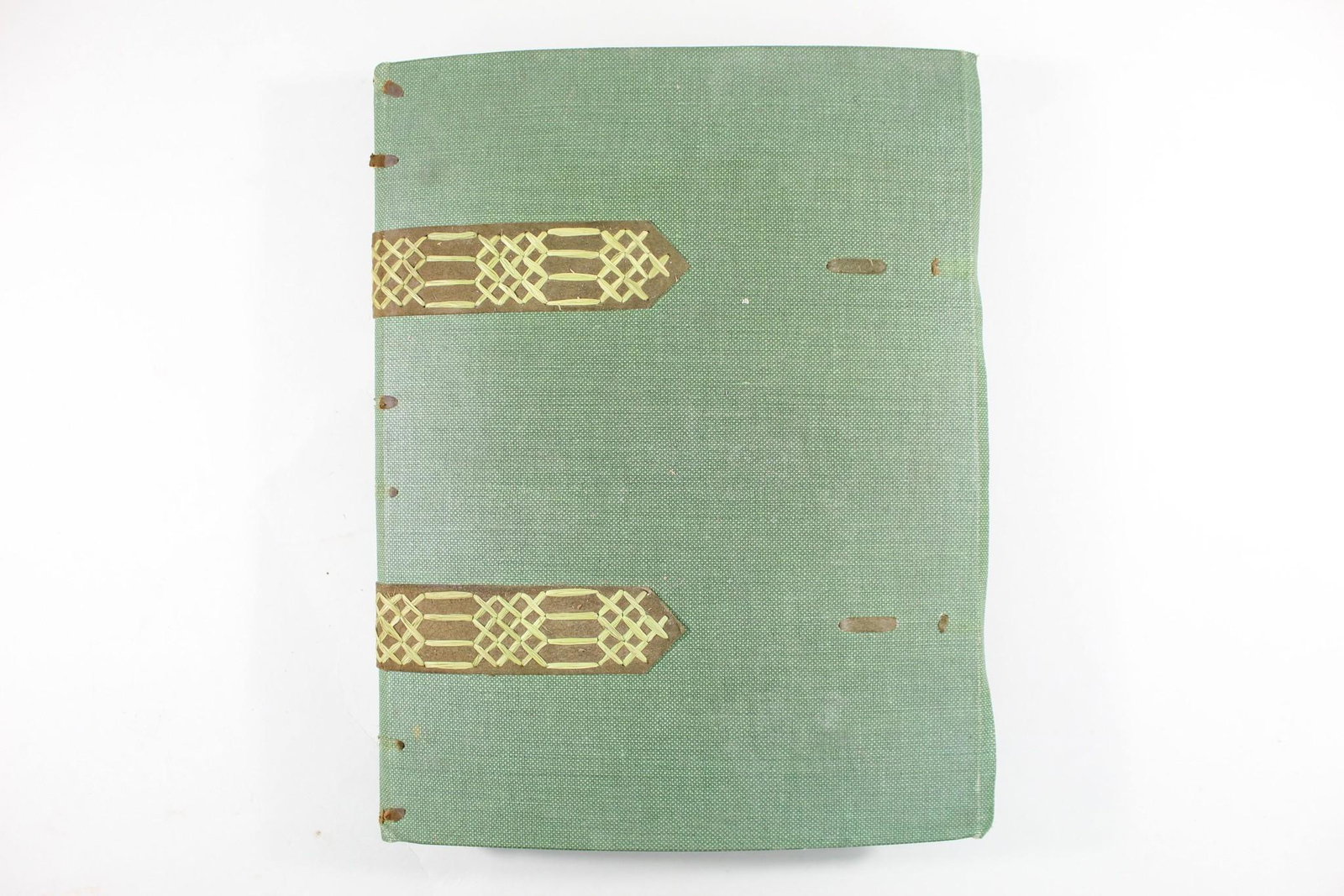 Antique Green Postcard Album,Full from Estate: Antique Green leather and canvas post card album filled with travels and collected Ephemera. The faded patina to the cover is a lovely minty green. The hand stitched leather strap details are heavily 