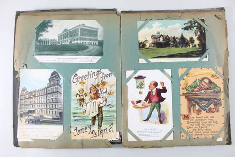 Antique Art Nouveau Postcard Album,Full from Estate: Art Nouveau Post Card Album 70+ Post Cards NY & MA. Turn of the 20th century cards include landmarks, humor, holidays and more. From NY there are cards from Little Falls, Albany, Hudson, Coney