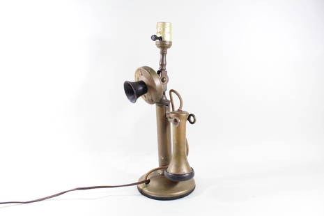 Western Electric Brass Candlestick Telephone Lamp, 1913: Lamp Made of Antique Western Electric Phone, Pat. 1913. Early brass phone marked Western Electric, Made in USA, patented 1913, has light fixture attached to top of phone. No shade is included. A nice