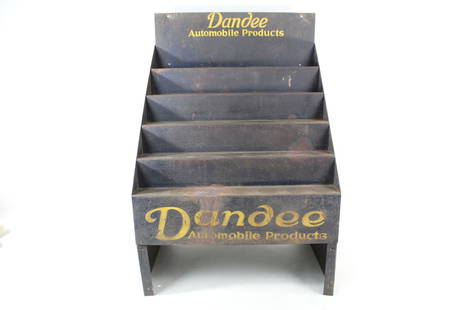 Dandee Automobile Car Black Gas Station Display Shelf: Dandee Automobile Car Black Metal Tiered Display Shelf. This is a tiered display shelf from Dandee Automobile Products, a subset of the Howard Zink Co. "Dandee Automobile Products" appears at both