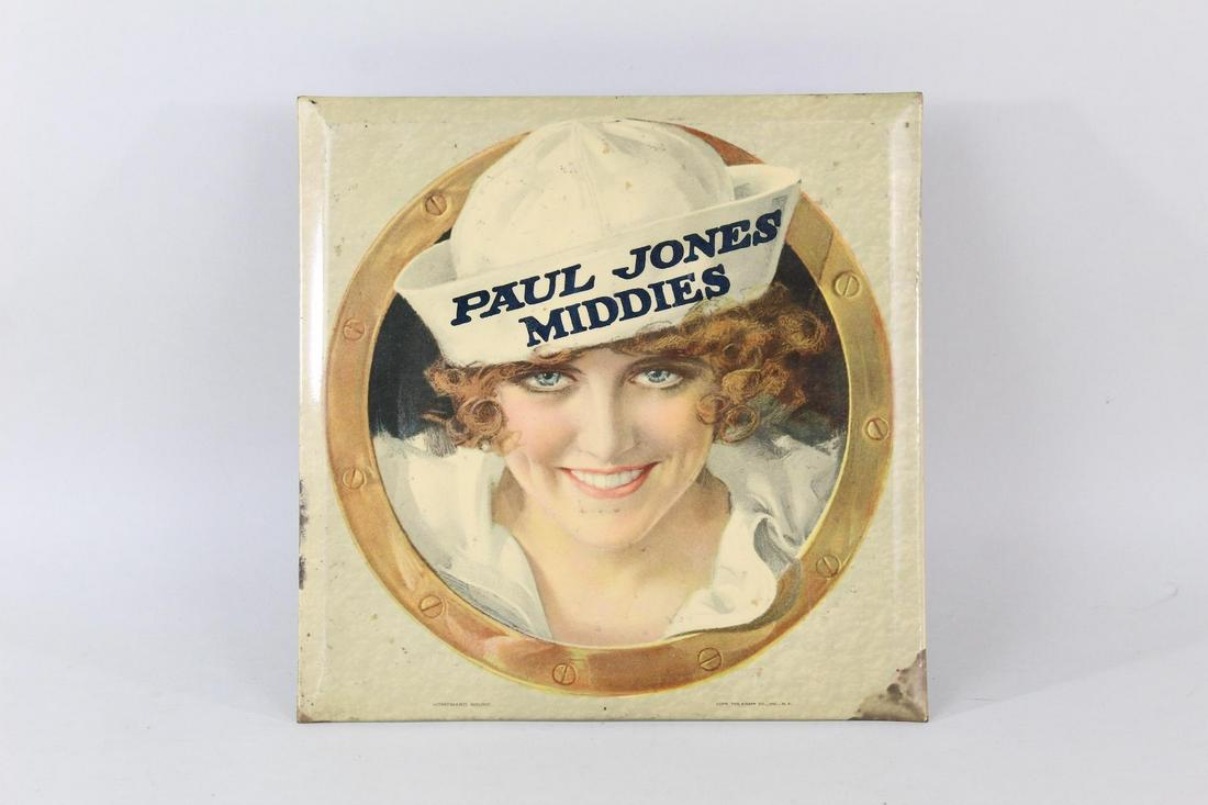 20's "Paul Jones Middies" Celluloid Sailor Girl Sign: Woman Sailor Paul Jones Middies Blouse Advertising Sign. Antique early 20th-century advertisement for Paul Jones "middies," the popular style of blouse based on navy or sailor uniforms. Featuring a sm