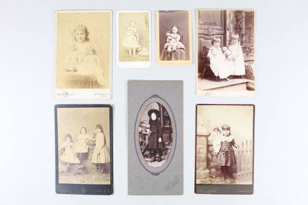 7 Cabinet Card Photos of Girls w/Antique Dolls, NY, PA