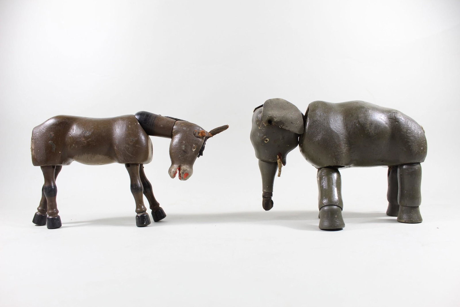 Wooden Schoenhut Donkey & Elephant US Dem GOP Dolls: Wooden Schoenhut Donkey & Elephant US Dem GOP Dolls. Made circa early 1900s by Schoenhut Piano Co, noted for also making dolls and toys. For a refreshingly childlike representation of the American two