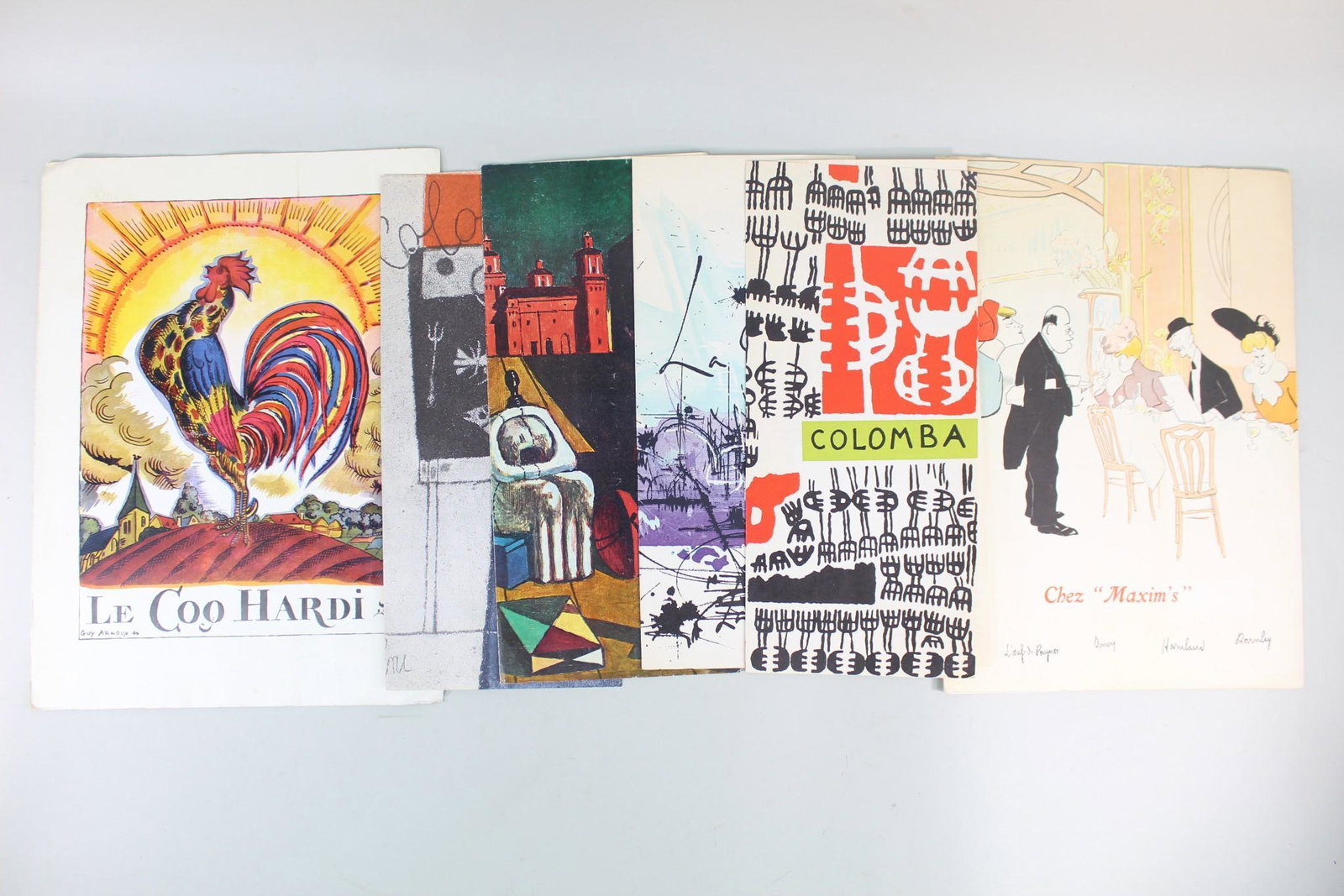6 Mid-Century Modern French & Italian Menus,de Chirico: Lot of 6 Mid-Century French & Italian Menus,de Chirico. This is a collection of six menus from French and Italian Restaurants. Each menus has a colorful illustration on the front. One of the menus has