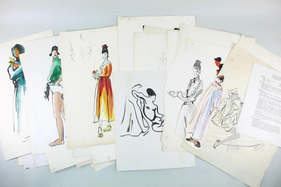 Artist's Portfolio Fashion Illustration NYC 1950's: Artist's Portfolio Fashion Illustration NYC 1950's. Lot includes about 40 illustrations in ink and watercolor on paper, done in a lovely loose and free style. Includes many fashion illustrations, as w