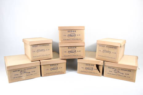 Original Boxes for Dent Cast Iron Toy Car & Airplane: Old Stock Dent Hardware Co Toy Car & Airplane Boxes. This is a lot of eight now-empty boxes that once contained cast iron toy cars and airplanes from the Dent Hardware Co., a company from the early 20