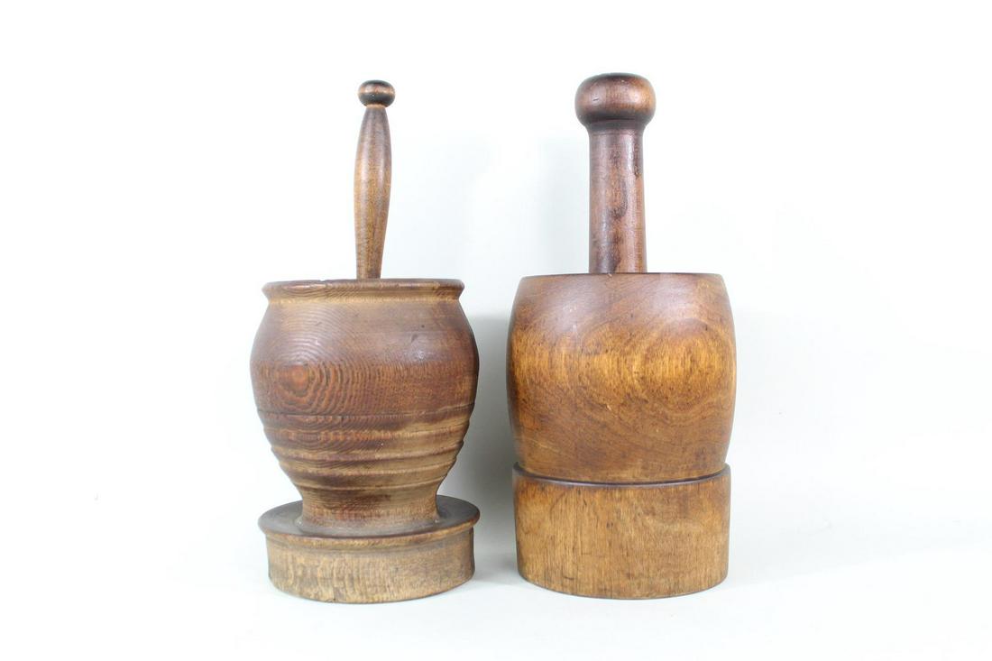 2 Primitive Turned Wood Apothecary Mortar & Pestles: 2 Primitive Turned Wood Apothecary Mortar & Pestles. One mortar has a thinner tapered bottom with thinner pestle for fine grinding, while the other has a thicker base and pestle more suited to poundin