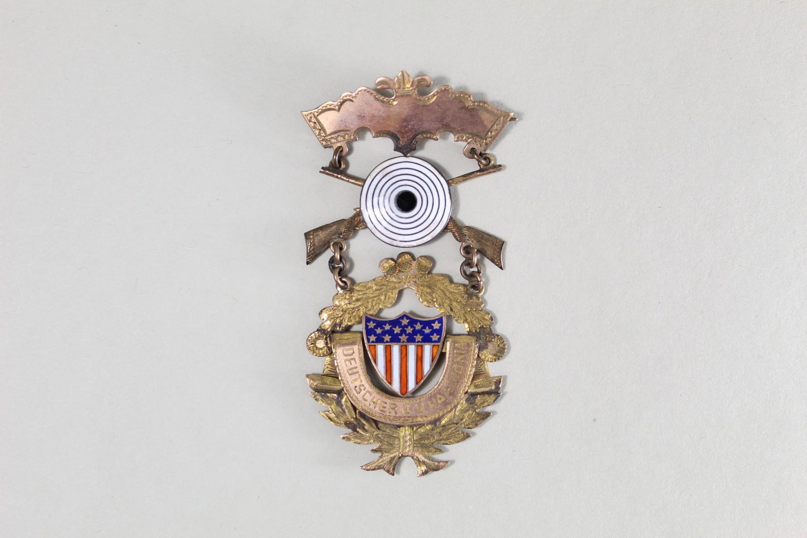 19th C Gold Rifle Sharp Shooters Medal Pin, Deutsher UV: Antique 19th C Gold Rifle Sharpshooters Medal Pin, reads Deutsher UV Harmonia. Gold pin has beautiful and ornate engraved details, with 2 rifles with a target, and a small cartouche at the top for a n