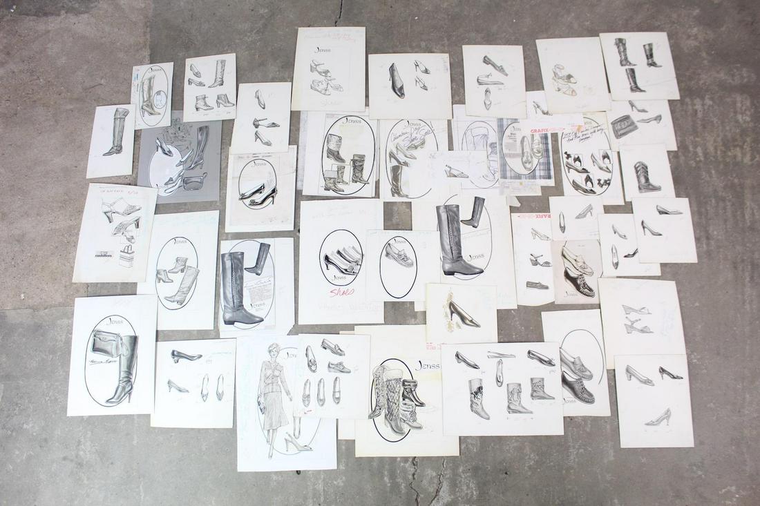 Lot of 40+ Shoe Store Advertising Original Art Jenss: Lot of 40+ Shoe Illustrations Jenss Department Store. Collection includes original drawings on illustration board as well as photocopied examples for newspaper advertisements. Styles appear to be from
