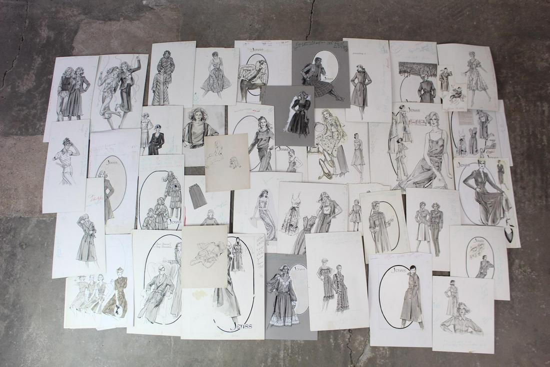 50+ Vintage Fashion Illustrations, Jenss Dept Store NY: Lot of 50+ Fashion Illustrations, Jenss Dept Store NY. Collection includes original drawings on illustration board for newspaper advertisements and catalogues. Styles appear to be from the mid to late