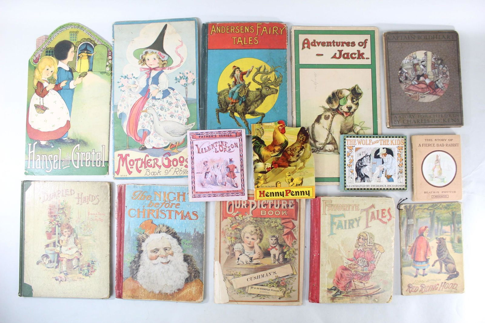 14 Illustrated Children's Books,Dickens,Beatrix Potter: 14 Vintage & Antique Illustrated Children's Books. Charming and colorful lot includes Beatrix Potter's A Fierce Bad Rabbit, Little Red Riding Hood, The Night Before Christmas, Hansel & Gretel, Captain