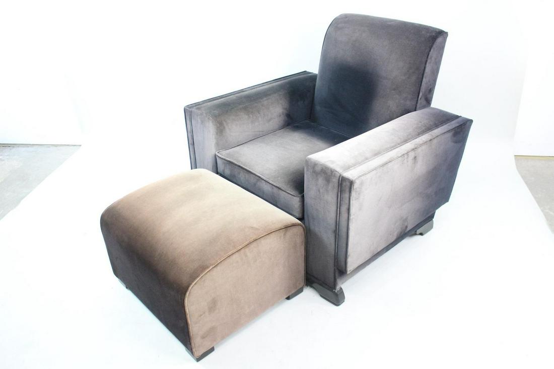 Art Deco Cubist Velvet Lounge Chair & Ottoman: Plush Deco Velvet Upholstered Lounge Chair & Ottoman. Handsome chair has squared arms and is upholstered in a velvet fabric in shifting faded tones of black and gray. The ottoman has a rounded shape a