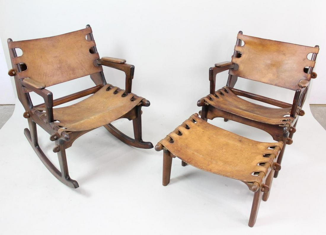 Pair MCM Angel Pazmino Leather Rocker Chairs w/Ottoman (1 of 20)