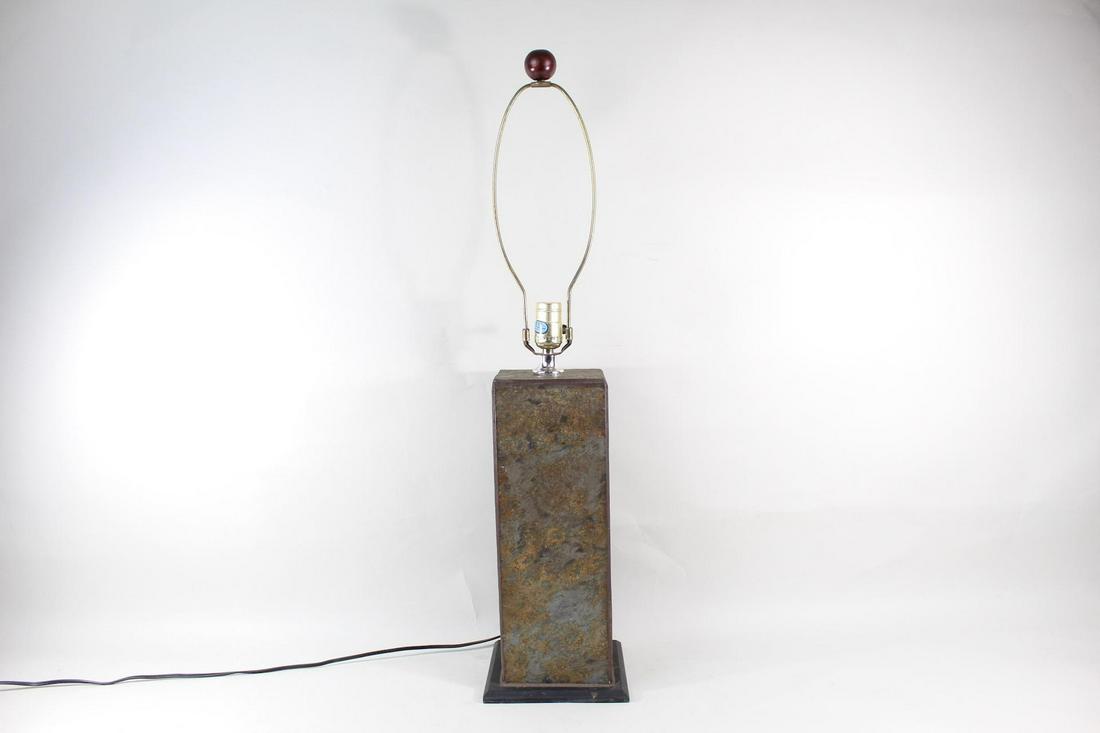 Mid-Century Modern Slate Stone Tile Lamp: Mid-Century Modern Slate Stone Tile Lamp. Lovely lamp has a body made of dark gray stone, with an even darker square base. A round wooden finial finishes off the top of the harp. Will fit well into a 