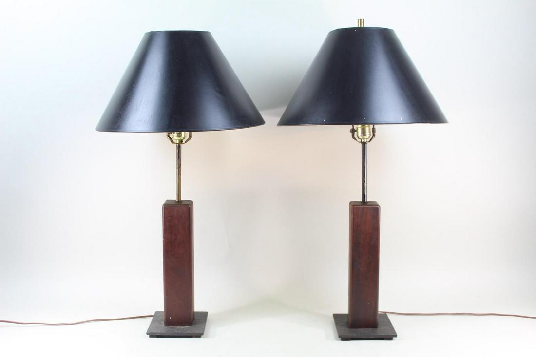 Pair Mid-Century Modern Walnut Table Lamps, Black Shade (1 of 13)