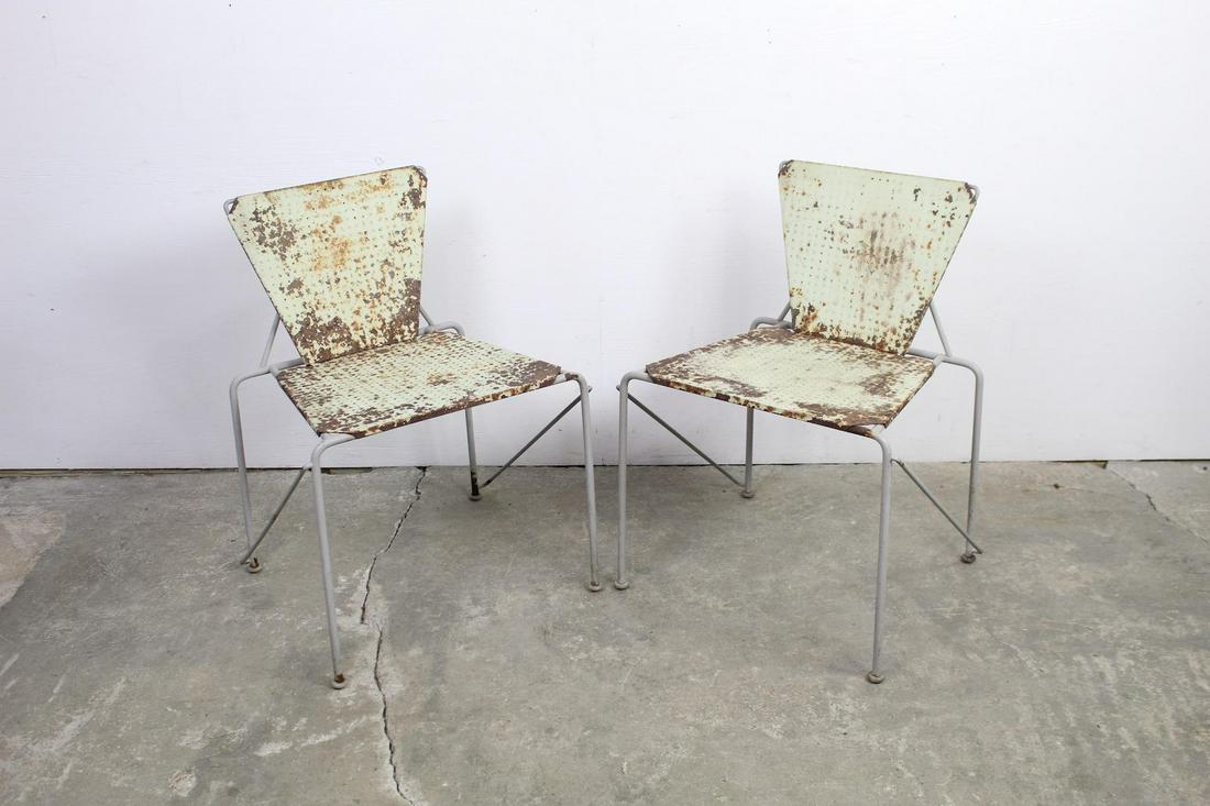 Pair White Triangular Industrial Pierced Metal Chairs (1 of 16)