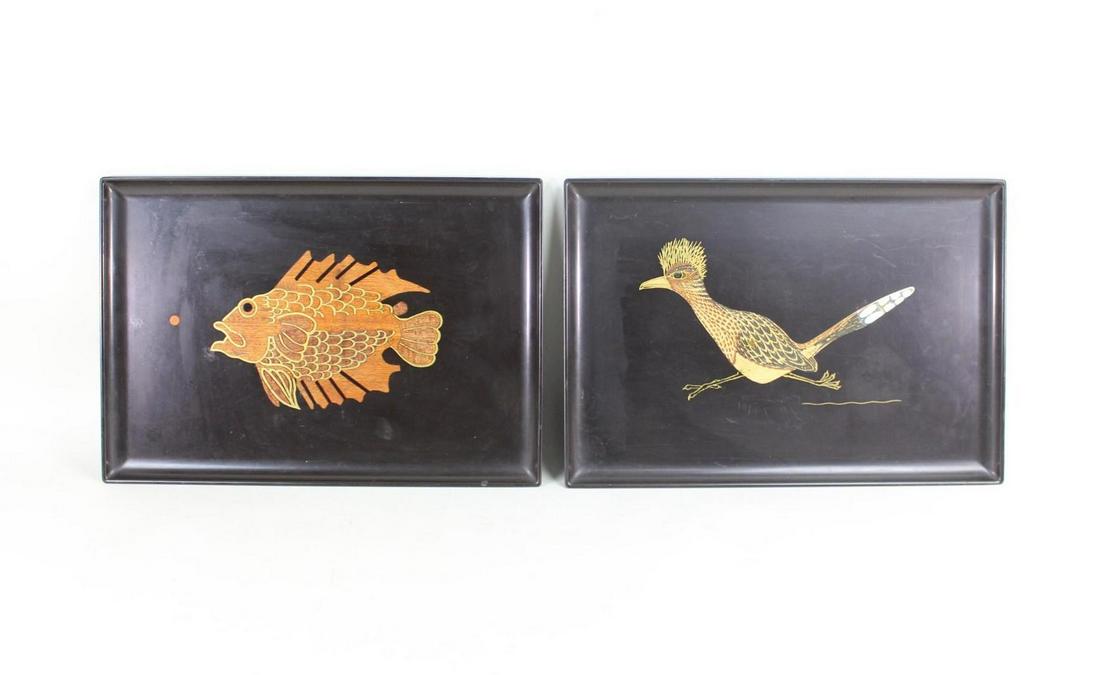 2 Mid-Century Modern Couroc Trays Roadrunner & Fish (1 of 18)