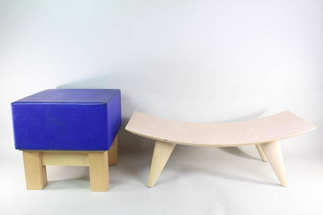 2 Modern Contemporary Wooden Stools, Richard Hutten: 2 Modern Contemporary Wooden Stools Richard Hutten Poef. The blue cushioned stool is Richard Hutten's "Poef" stool, first imagined in 1994. The angular frame is made of beech, while the cushion is foa