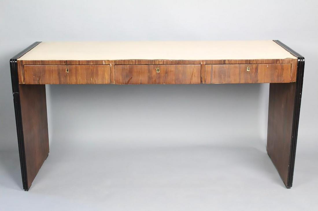 Mid-Century Modern Wooden 3-Drawer Desk w/Vinyl Top: Sleek Wooden 3-Drawer Desk w/Vinyl Top & Solid Sides. A fantastic modern desk in wood with three drawers, solid wood sides and a vinyl, leather imitation desk top. The side edges have simple carved li