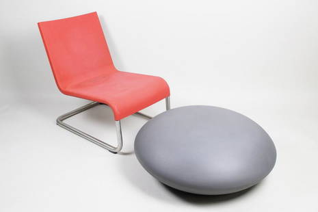 Maarten Van Severen Vitra .06 Chair & Gray Orb Ottoman: Maarten Van Severen Vitra .06 Chair & Rubber Ottoman. This lot features Maarten Van Severen's .06 chair, designed for Vitra in 2005. This cantilever chair has a tubular stainless steel frame, which is