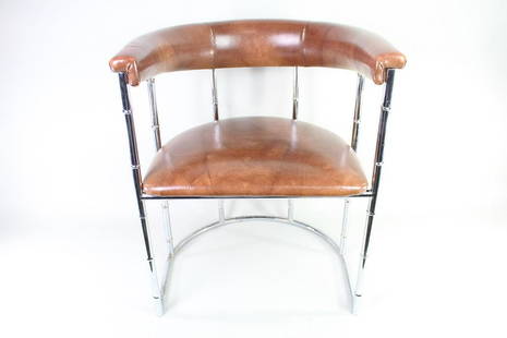 Mid Century Modern Tubular Chrome & Brown Vinyl Chair: Mid Century Modern Tubular Chrome & Brown Vinyl Chair. This chair was made after Ernst Burgdorfer's 'Delphi' chair for Stendig, or Anton lorenz for Thonet. The curved frame, which seems to be steel wi