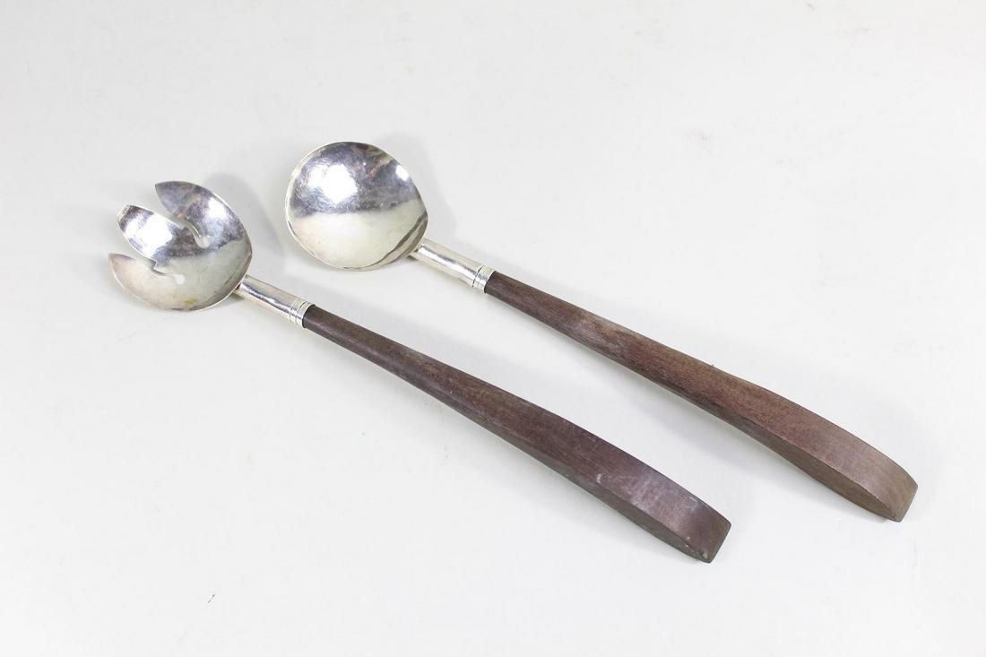 Sterling Silver & Rosewood Serving Fork & Spoon,JS: 2 Sterling Silver Wood JS Taxco Mexico Serving Utensils. This pair of J.S. Taxco salad serving utensils have a wooden handle (most likely rosewood, based on similar utensils from the maker) and sterli