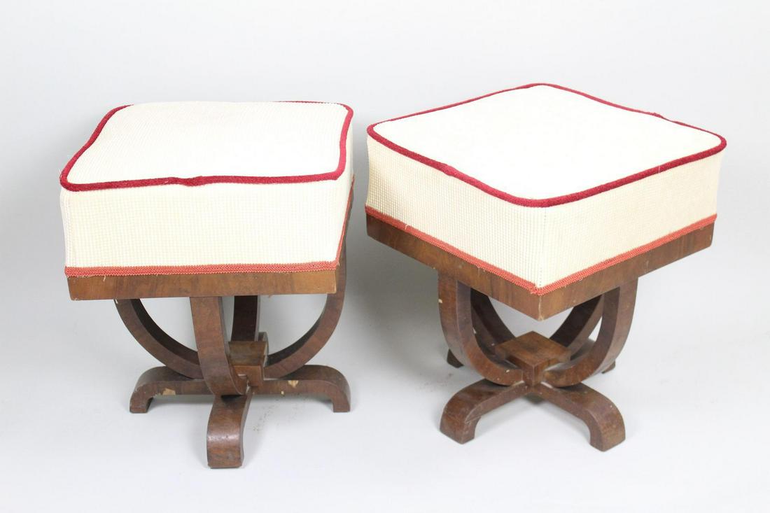 Pair of Art Deco Wooden Cream/Red Upholstered Stools (1 of 9)