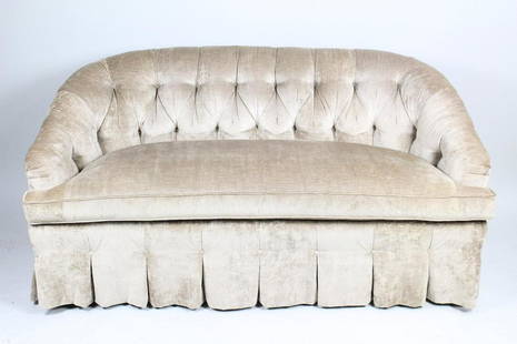 Lewis Mittman Tufted Gold Velvet Loveseat Sofa: Lewis Mittman Tufted Gold Velvet Upholstered Sofa. The sofa is upholstered in a faint gold or yellow fabric, which has a subtle floral pattern. The back and arms are tufted and the fabric drapes over